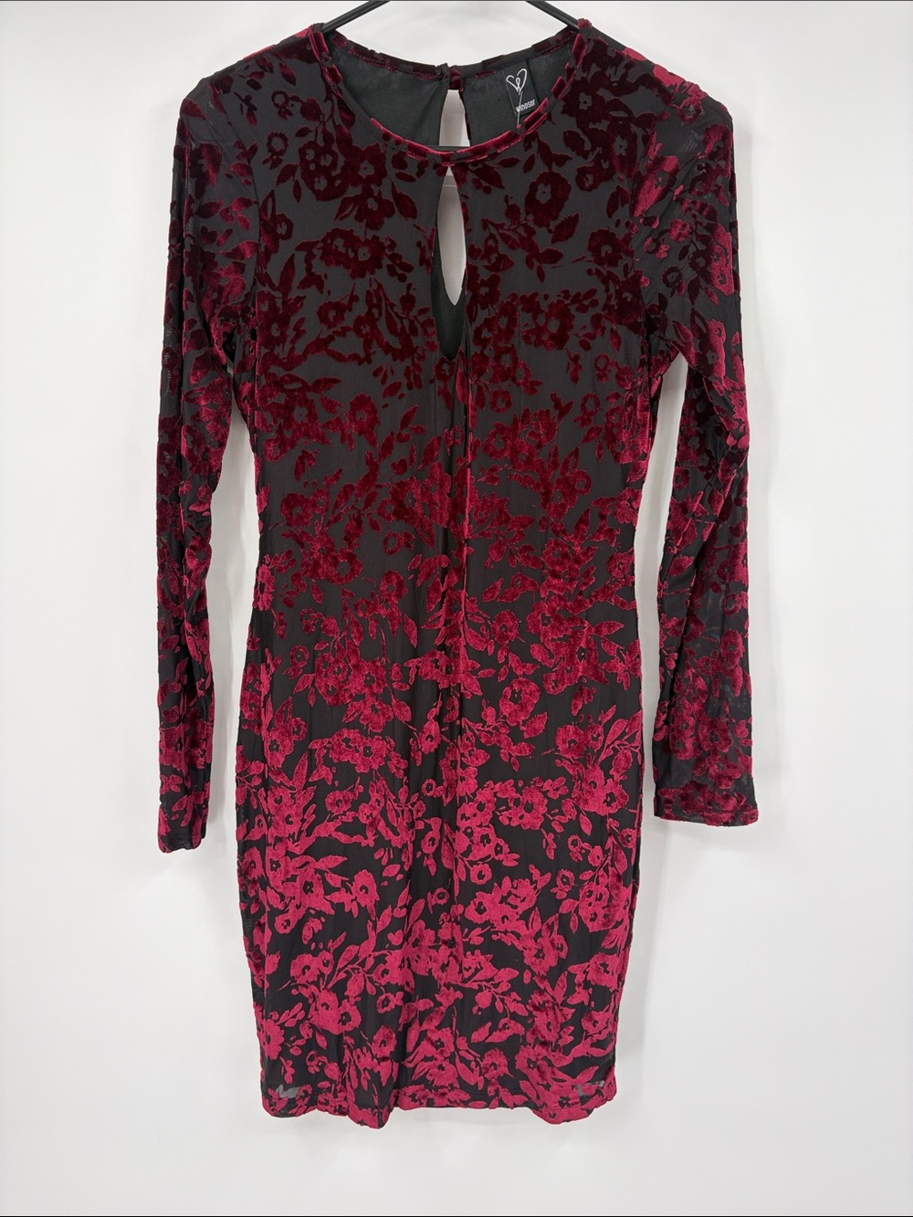 Windsor Red Velvet Floral Print Long Sleeve Bodycon Dress Cut Out Size Large